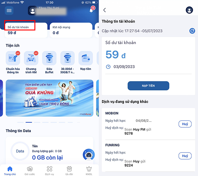 kiem tra so du tai khoan mobifone